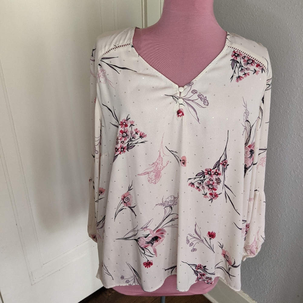 COPY - Women's long sleeve cream and pink floral blouse